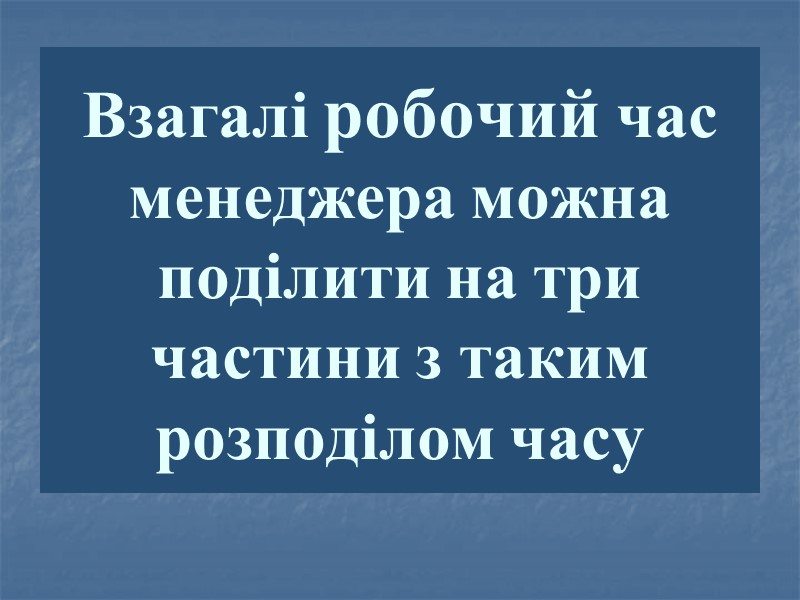 Взагалі робочий час менеджера можна поділити на три частини з таким розподілом часу